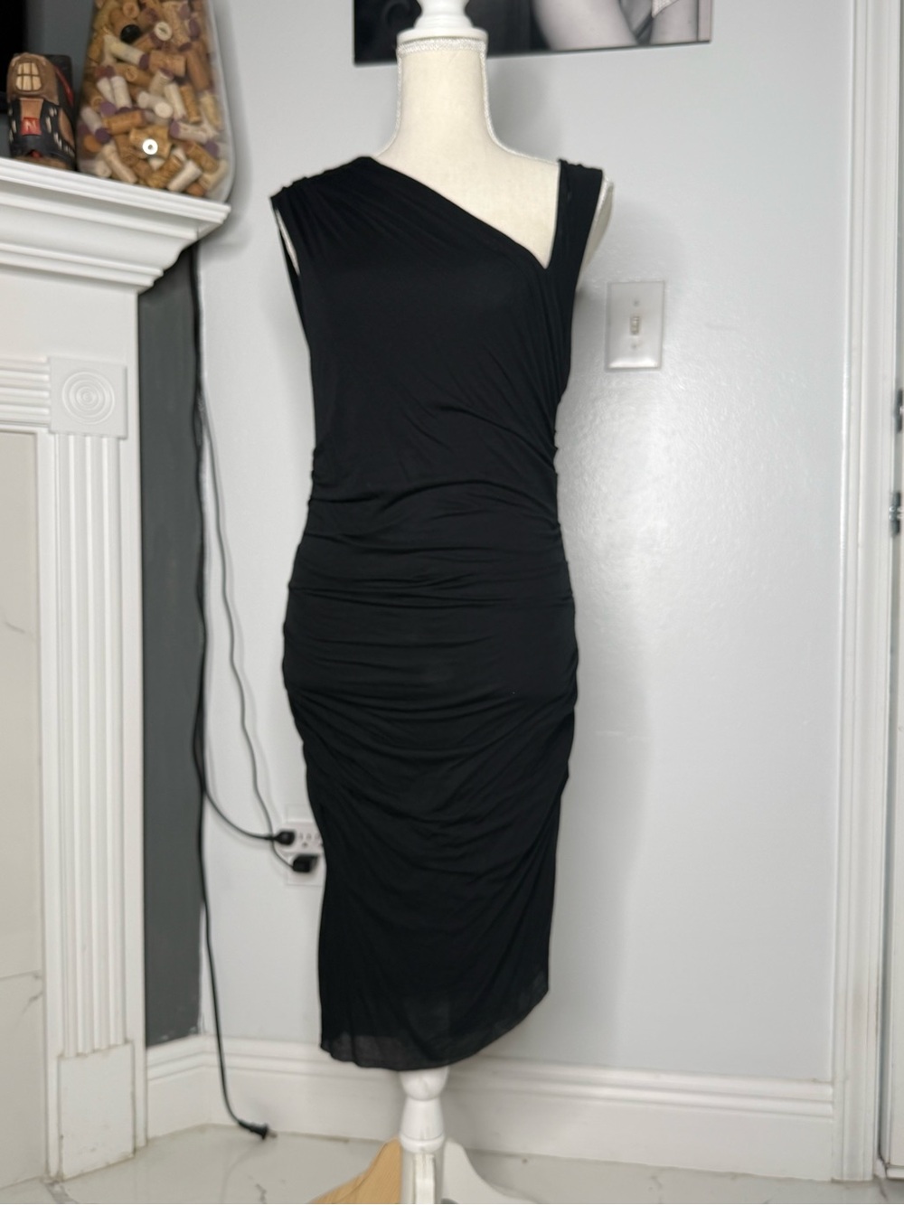 Helmut Lang Black Asymmetrical One-Shoulder Ruched Midi Dress